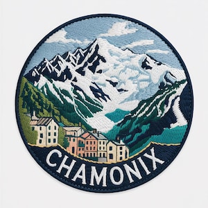 May include: Embroidered patch featuring a mountain landscape with snow-capped peaks, green valleys, and a village. The patch is circular with a navy blue border and the word "CHAMONIX" in white lettering.