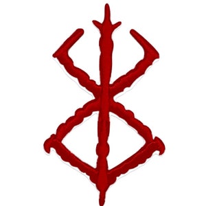 Könnte beinhalten: Ein roter, gestickter Aufnäher mit einem stilisierten Symbol, das ein zentrales vertikales Element und ausstrahlende Arme aufweist. Das Design hat eine strukturierte Optik und ist vor einem weißen Hintergrund platziert. Geeignet für Kleidung oder Accessoires.