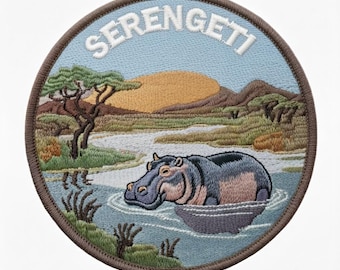Serengeti Hippo Patch (3.1 Inch) Embroidered Iron or Sew-On Badge Tanzania Africa Travel Sightseeing Backpack, Cap, Hat Gift Patches