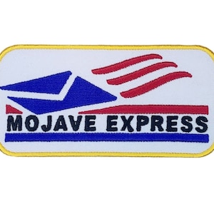 May include: A white patch with a yellow border features a blue and white envelope with red and white stripes. The text "MOJAVE EXPRESS" is in black letters.