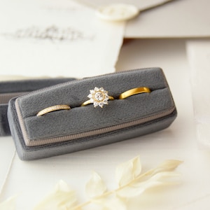rechteckige Ringbox aus Samt für 3 Ringe, dunkelgrau, zur Hochzeit, Ringkästchen für Eheringe