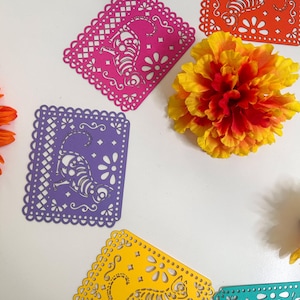 May include: Colorful papel picado banners in pink, orange, yellow, purple, and teal, each featuring a cut-out cat design. A vibrant yellow and red marigold flower is also present. The banners have a decorative, scalloped edge.