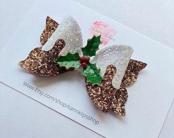 Beautiful Christmas Mistletoe Glitter Hair Bow, Christmas Hair Clip and Headband, Christmas bow, Glitter bow, Hair Accessories, Snow Bow