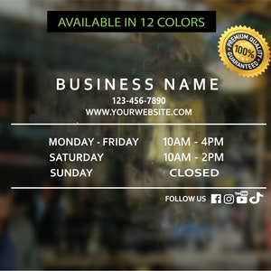 Store Hours, Custom Store Hours, Custom Business Hours Sign, Storefront Decal, Restaurant Hours, Hours Of Operation Sign