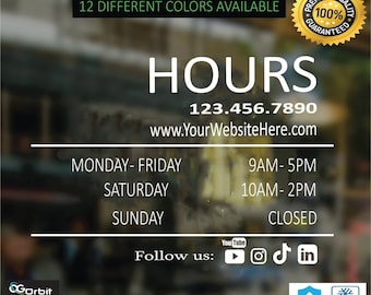 Store Hours, Custom Store Hours, Custom Business Hours Sign, Storefront Decal, Restaurant Hours, Hours Of Operation Sign