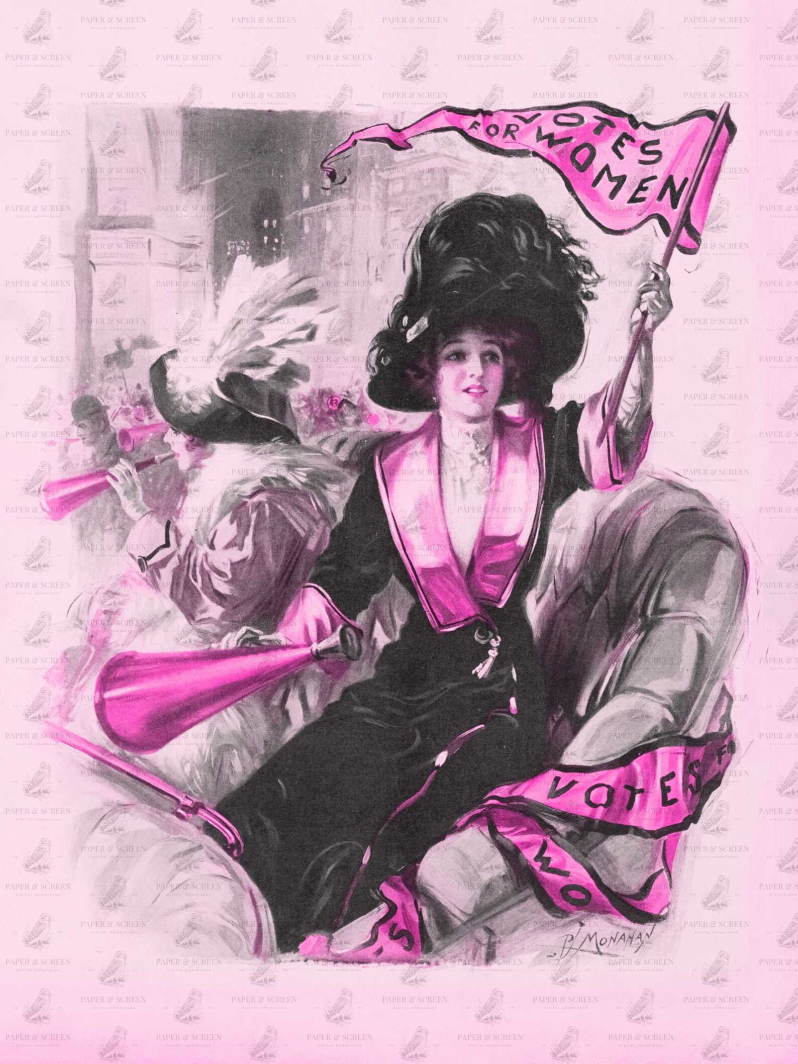 Set of 6 Vintage Feminist Pink Suffragette Wall Art Printable Women's