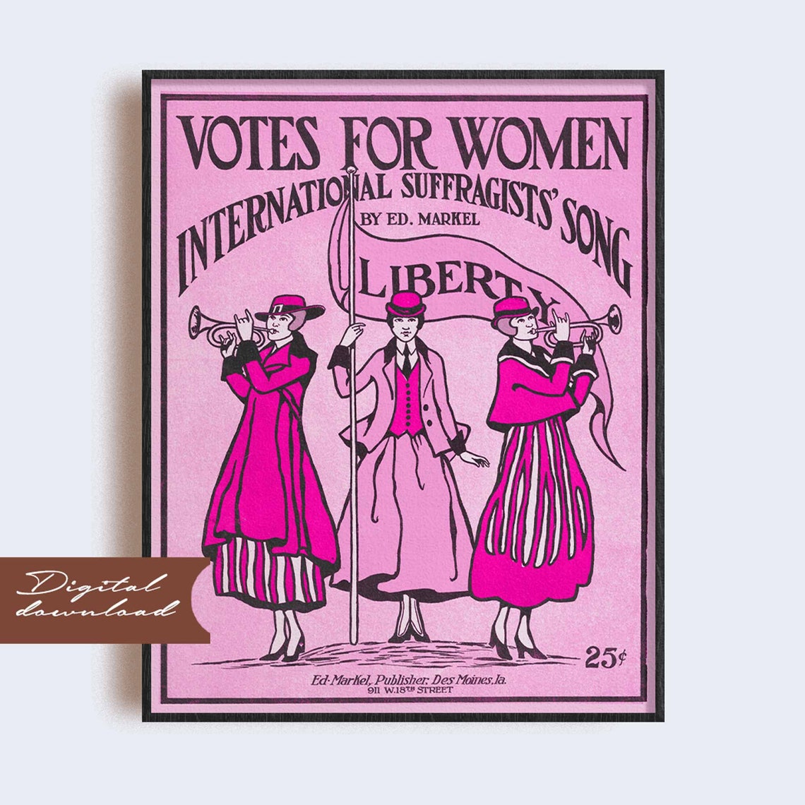 Set of 6 Vintage Feminist Pink Suffragette Wall Art Printable Women's