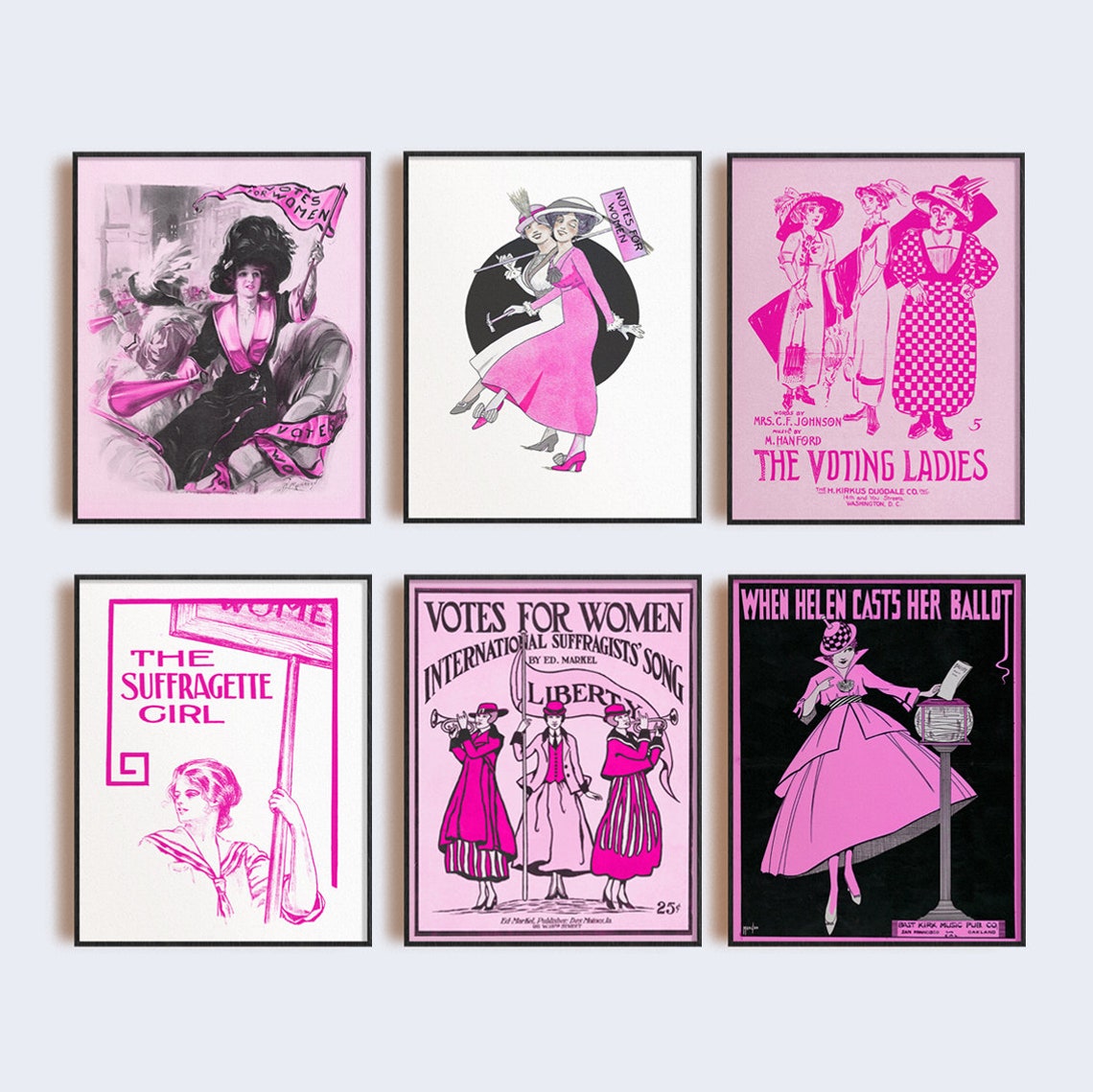 Set of 6 Vintage Feminist Pink Suffragette Wall Art Printable Women's