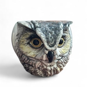 May include: A ceramic owl-shaped container with a detailed, realistic design. The owl has yellow eyes, a black beak, and grey and brown feathers. The container is likely used for decorative or functional purposes.