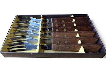 Vintage Mid Century Modern Boxed Set Of 6 X Teak Handled Forks