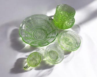 15 piece Uranium Glass Bowl / dish set / Art Deco style
