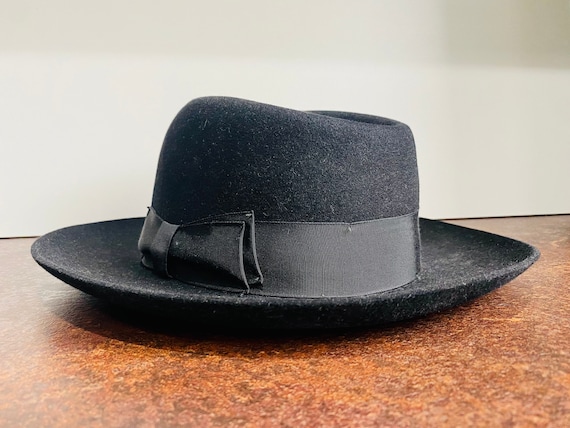 Vintage Huckel, Black Fedora Hat, 1940’s, wide brim - Gem