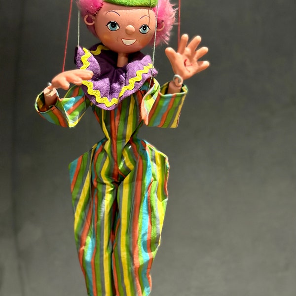Vintage Pelham Puppet, clown, pink hair. Rare