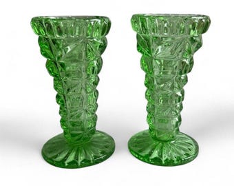 Rare Pair of Vintage Bohemian Glass Vase - Diamond Cut design - Art Deco - Czechoslovakia - "F2