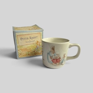 Puede incluir: Una taza de cerámica color crema con una ilustración de Peter Rabbit y su caja de cartón cuadrada a juego. La taza muestra un conejo con chaqueta azul junto a conejos más pequeños, y la caja lleva el texto Peter Rabbit by Wedgwood.