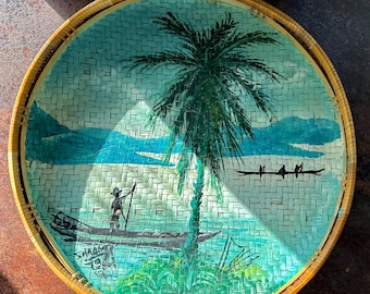 Vintage Wicker Tray Painted With Tropical Scene