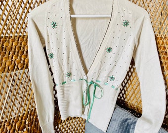 Vintage Cashmere and silk mix top , hand embellished / beaded