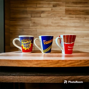 Vintage Novelty mugs, Cadburys cream egg, nestle Yorkie, Nestle Kit kat