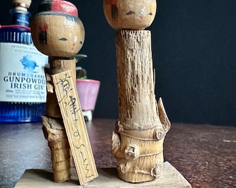 Vintage Japanese folk art, wooden figurine, 2 people