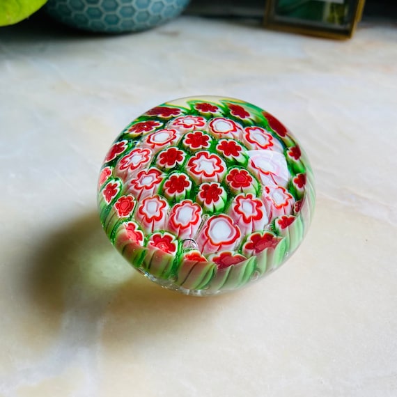 Vintage millefiori paperweight, green, white and red