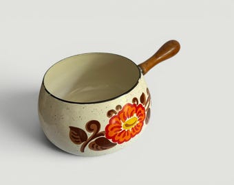 Vintage emaille pot: oranje flowerpower-ontwerp, houten handvat