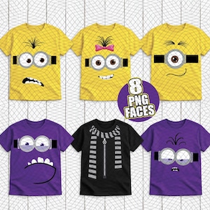 Puede incluir: Una colección de cinco camisetas de manga corta con varios diseños de caras de personajes. Tres camisetas son amarillas con gafas y expresiones estilo minion, dos son moradas con caras de monstruos y una es negra con una bufanda a rayas.