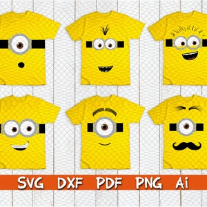 May include: Six different yellow t-shirts with a Minion face design. Each shirt has a different Minion expression, including a surprised face, a smiling face, a winking face, a face with a mustache, a face with a single eye, and a face with a single eye and a smile.