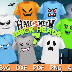 May include: Seven Halloween themed t-shirt designs featuring various spooky characters. The designs include a ghost, a pumpkin, a zombie, a monster, a vampire, a witch, and a skeleton. The shirts are all white with black outlines and are arranged in a circle around the words "Halloween Brick Heads 7".