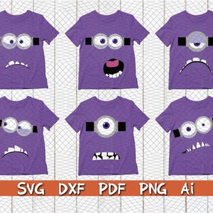 Puede incluir: Seis camisetas moradas con diferentes diseños de caras de dibujos animados de minions. Cada camiseta presenta gafas y una expresión bucal única. La parte inferior de la imagen muestra el texto "SVG DXF PDF PNG Ai".