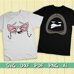 Puede incluir: Dos diseños de camisetas. Un diseño presenta una camiseta blanca con una cara de dibujos animados que lleva gafas de sol rosas. El otro diseño presenta una camiseta negra con una cara de dibujos animados que lleva una capa negra con capucha.
