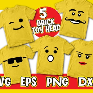Puede incluir: Cinco camisetas amarillas con diferentes diseños de cabeza de ladrillo. Los diseños incluyen una cara guiñando un ojo, una cara con gafas de sol, una cara sorprendida, una cara con bigote y una cara con cejas y labios rojos. El texto "5 Brick Toy Head" está en un círculo rojo.