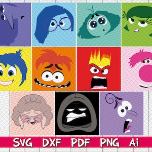 May include: A set of 10 colorful digital cut files featuring characters from the animated film Inside Out. The characters include Joy, Sadness, Anger, Fear, Disgust, Bing Bong, and a few others. The files are in SVG, DXF, PDF, PNG, and AI formats.