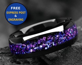 Galaxy Space Nebula Alexandrite Ring 4/6/8 mm - Tungsten & Blue Sandstone Women/ Mens Wedding Band Unique - Engagement/ Promise Ring for Him