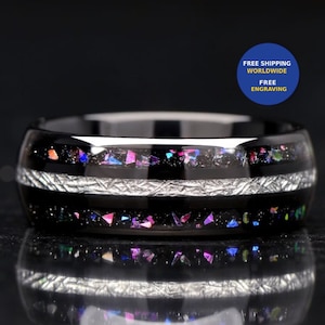 Meteorite Galaxy & Black Opal Wedding Ring - 8mm - Promise Ring for Him - Unique Mens Opal Wedding Band - Outer Space Ring - Galaxy Jewelry