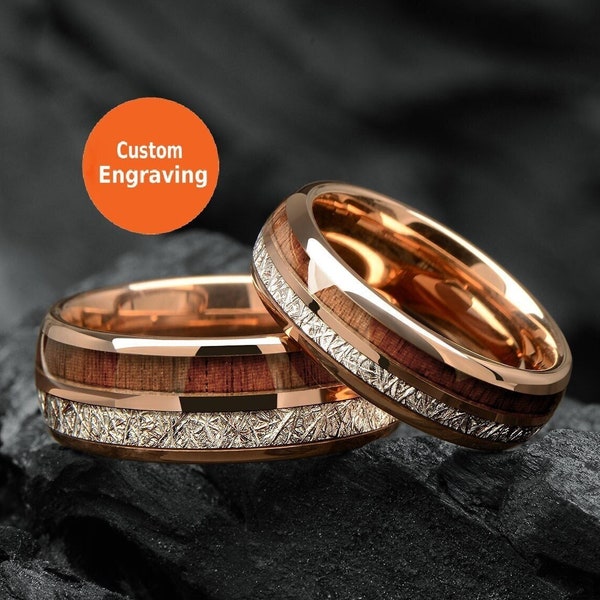 Meteorite & Koa Wood Wedding Band Set His and Hers - WoodenCouple Rings  6/8mm - Unique Promise Ring for Couples - Redwood Arrow Dome Rings