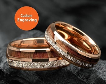 Meteorite & Koa Wood Wedding Band Set His and Hers - WoodenCouple Rings  6/8mm - Unique Promise Ring for Couples - Redwood Arrow Dome Rings