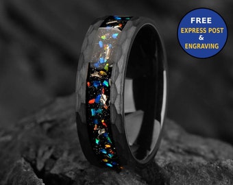 Meteorite Galaxy & Fire Opal Hammered Black Tungsten Wedding Ring - Promise Ring for Him/Her - Unique Mens /Women Wedding Band  8 /6 /4 mm