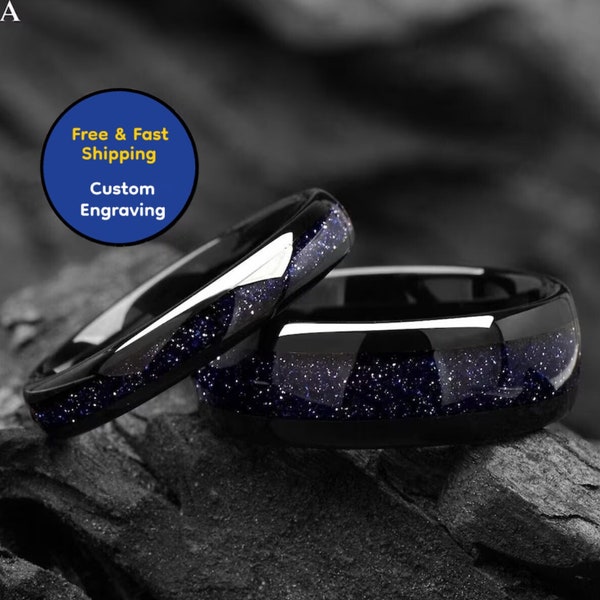 Galaxy Space Nebula His and Hers Couple Wedding Bands 4 & 8 mm - Tungsten Blue Sandstone Promise Rings for Couples - Dome Matching Ring Set