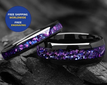 Alexandrit & Blauer Sandstein Ehering Set für Sie und Ihn 4/8 mm - Galaxy Space Wolfram Versprechen Ringe für Paare - Passende Bands