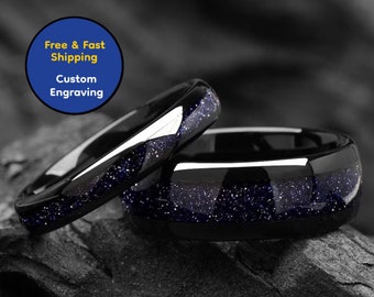 Galaxy Space Nebula His and Hers Couple Wedding Bands 4 & 8 mm - Tungsten Blue Sandstone Promise Rings for Couples - Dome Matching Ring Set