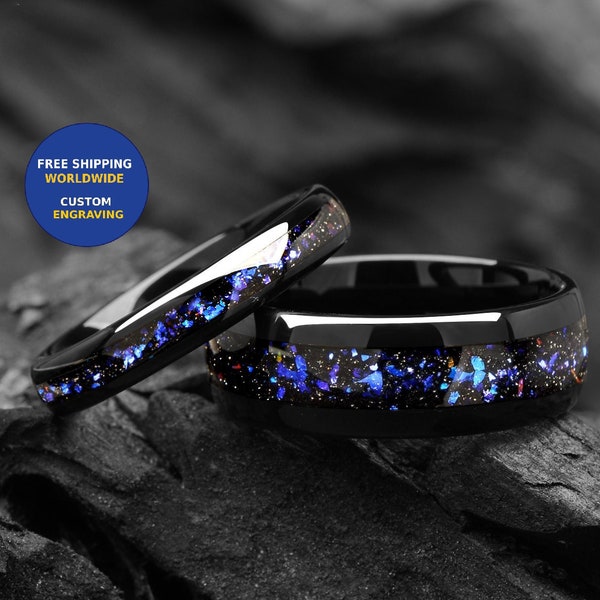 Galaxy Space Nebula His and Hers Couple Wedding Bands 4/ 8 mm - Tungsten Blue Sandstone Promise Rings for Couples - Dome Matching Ring Set
