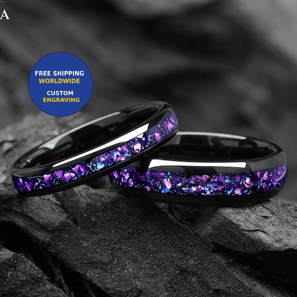 Alexandrite & Blue Sandstone His and Hers Couple Wedding Ring Set 4/6 mm - Galaxy Space Tungsten Promise Rings for Couples - Matching Bands