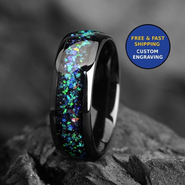 Meteorite Galaxy & Opal Wedding Ring Black - 8mm - Alexandrite Space Dome Ring Mens - Promise Ring for Him - Men Solid Opal Wedding Band