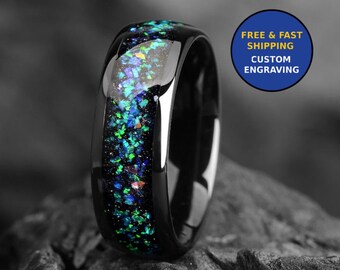 Meteorite Galaxy & Opal Wedding Ring Black - 8mm - Alexandrite Space Dome Ring Mens - Promise Ring for Him - Men Solid Opal Wedding Band