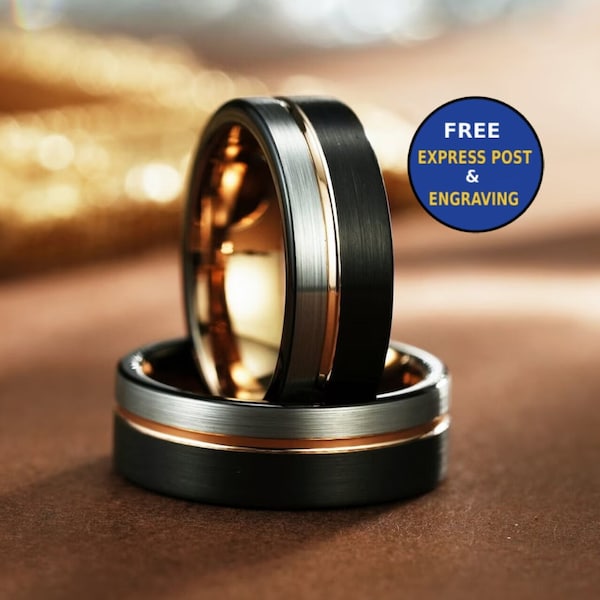 Men's Unique Wedding Band, Black & Silver Brushed Rose Gold Tungsten Ring, Simple Promise Ring for Him, Mens Engagement Ring Custom Engraved