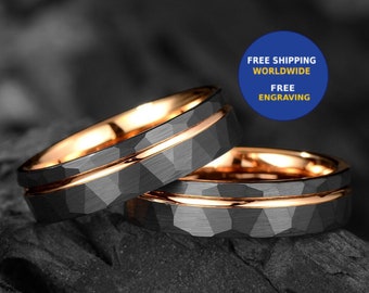 Black Hammered Mens Wedding Ring - Rose Gold Strip Hammered Brushed Tungsten Mens Wedding Band / Engagement Ring / Anniversary Gift - 6 mm