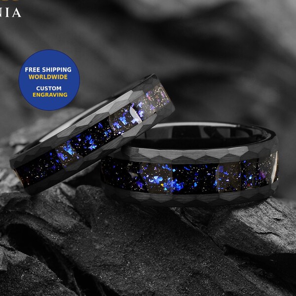 Galaxy Space Nebula His and Hers Couple Wedding Bands 6-8 mm Hammered - Tungsten Blue Sandstone Promise Rings for Couples -Matching Ring Set