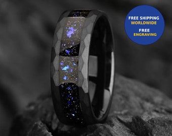 Galaxy Meteorite Nebula Hammered Tungsten Wedding Band - 6/8 mm - Blue Sandstone Nature Inspired Engagement/Wedding/Promise Ring for Him/Her