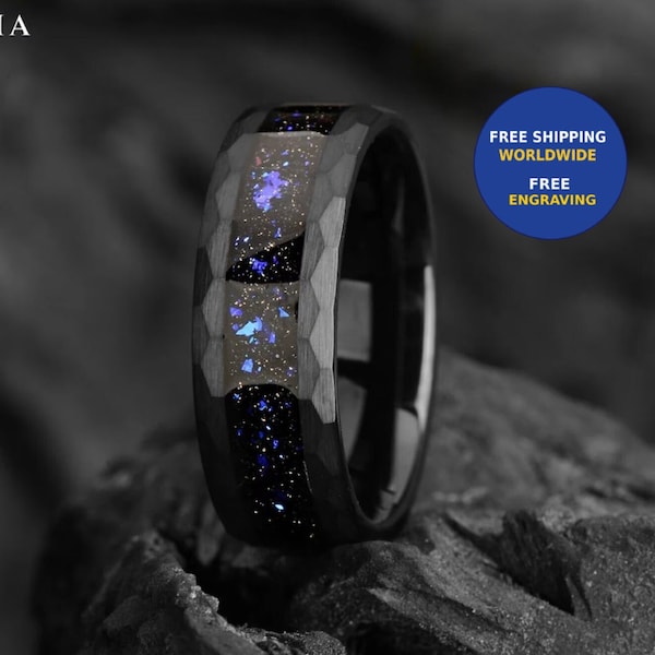 Galaxy Meteorite Nebula Hammered Tungsten Wedding Band - 6/8 mm - Blue Sandstone Nature Inspired Engagement/Wedding/Promise Ring for Him/Her