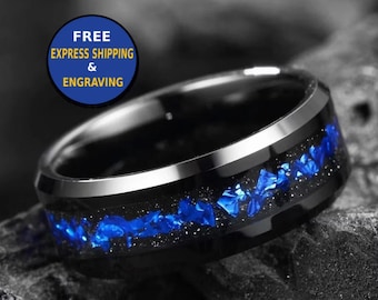 Galaxy Meteorite Blue Nebula Ring, Mens Wedding Band 8/6/4 mm Black Ceramic Ring, Polish, Comfort Fit, Birthday Anniversary Gift for Him/Her